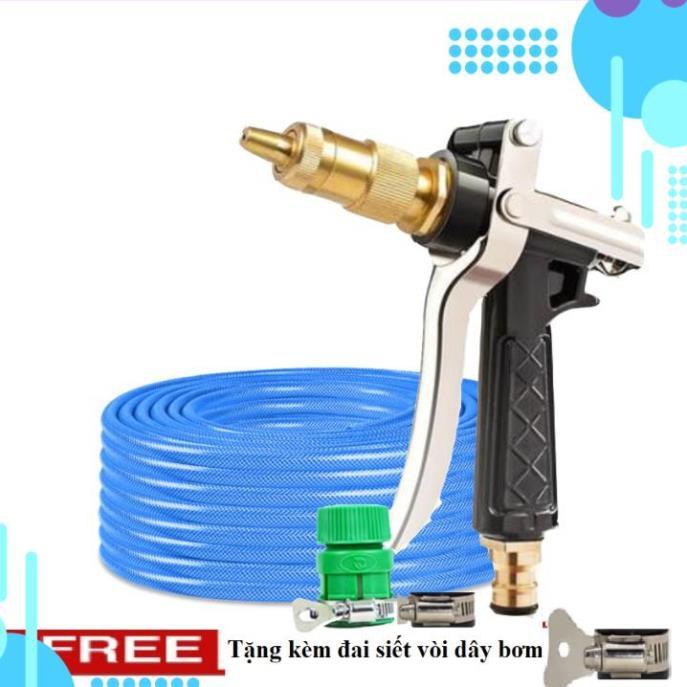 Bộ dây vòi xịt nước rửa xe, tưới cây . tăng áp 3 lần, loại 20m 206236 đầu đồng, đai+ tặng đai