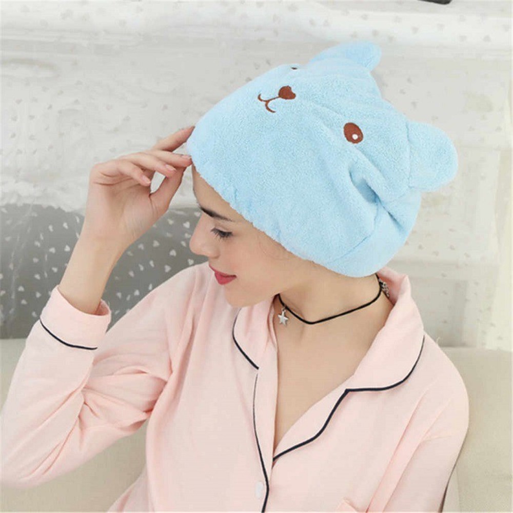 Khăn Trùm Đầu Hình Gấu Siêu Đáng Yêu Dạng Nón Làm Từ Bông Cao Cấp Cho Khả Năng Thấm Hút Tốt, Giúp Tóc Mau Khô, Không Bị Hôi, Phù Hợp Cho Mọi Lứa Tuổi