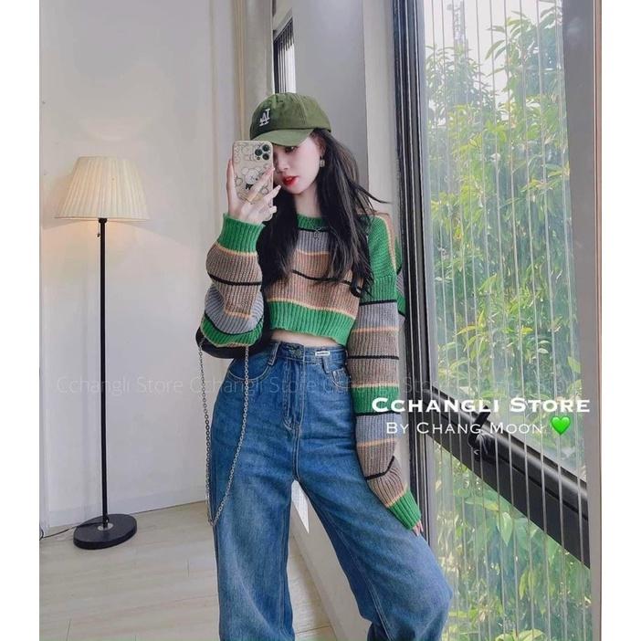 Áo len nữ dài tay kẻ xanh croptop hót hít