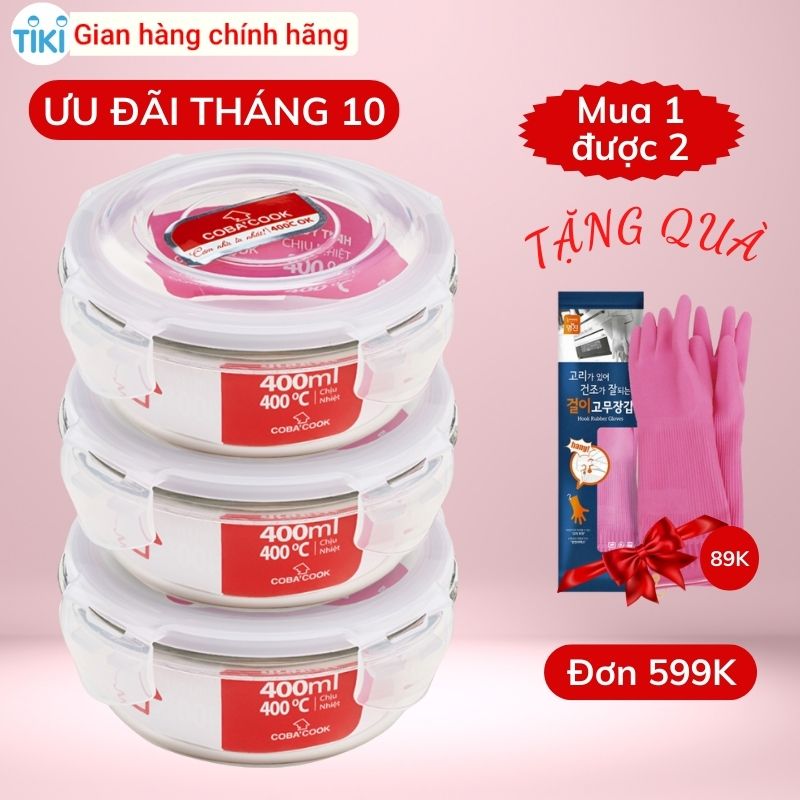 Bộ 3 hộp thủy tinh chịu nhiệt hình tròn dung tích 400ml COBACOOK- CCR43