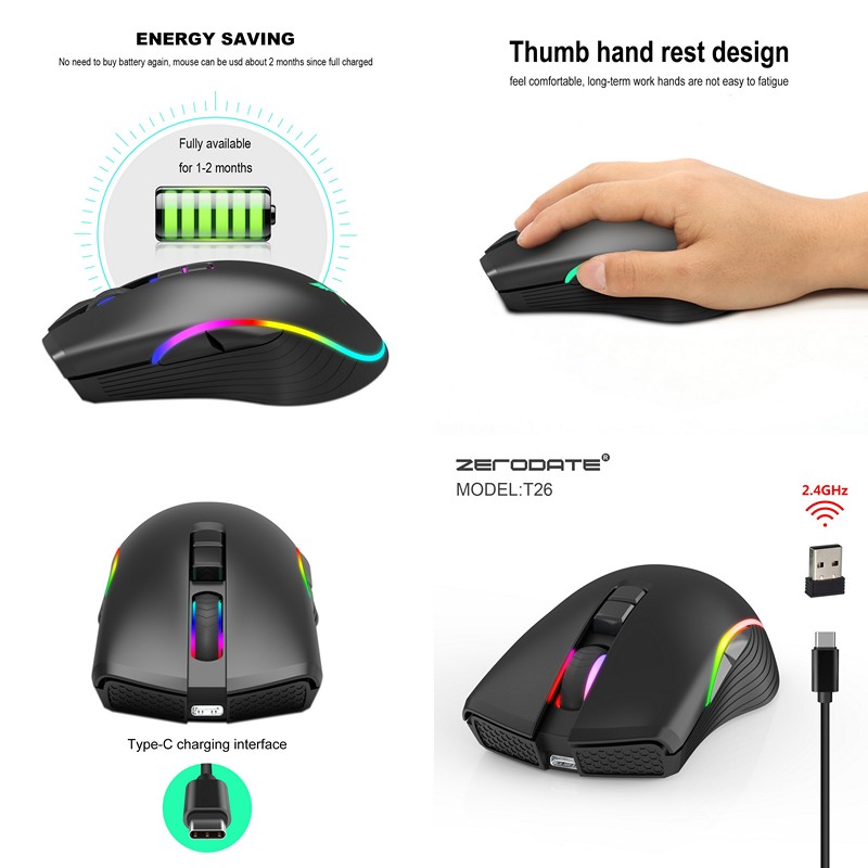 Chuột Không Dây Pin sạc T26 Gaming Mouse Type C - hàng nhập khẩu