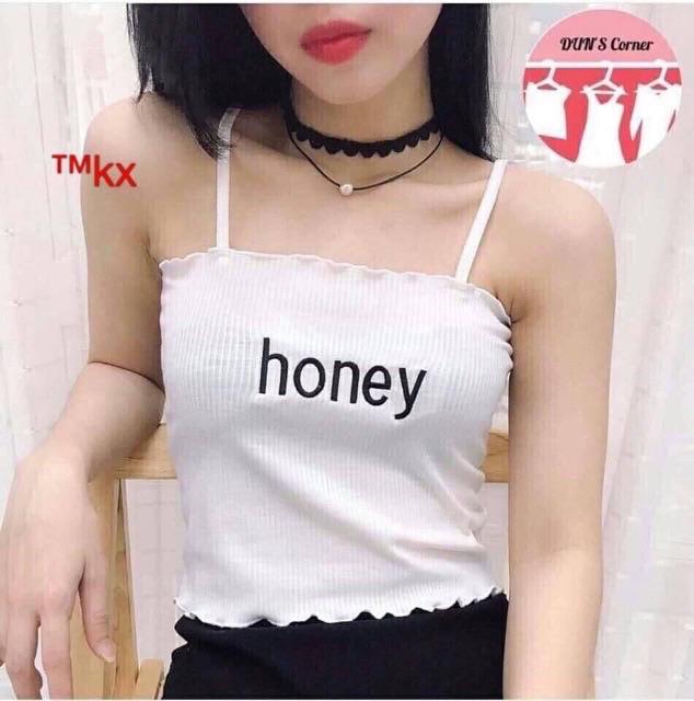 Áo 2 dây thêu chữ honey chất thun gân