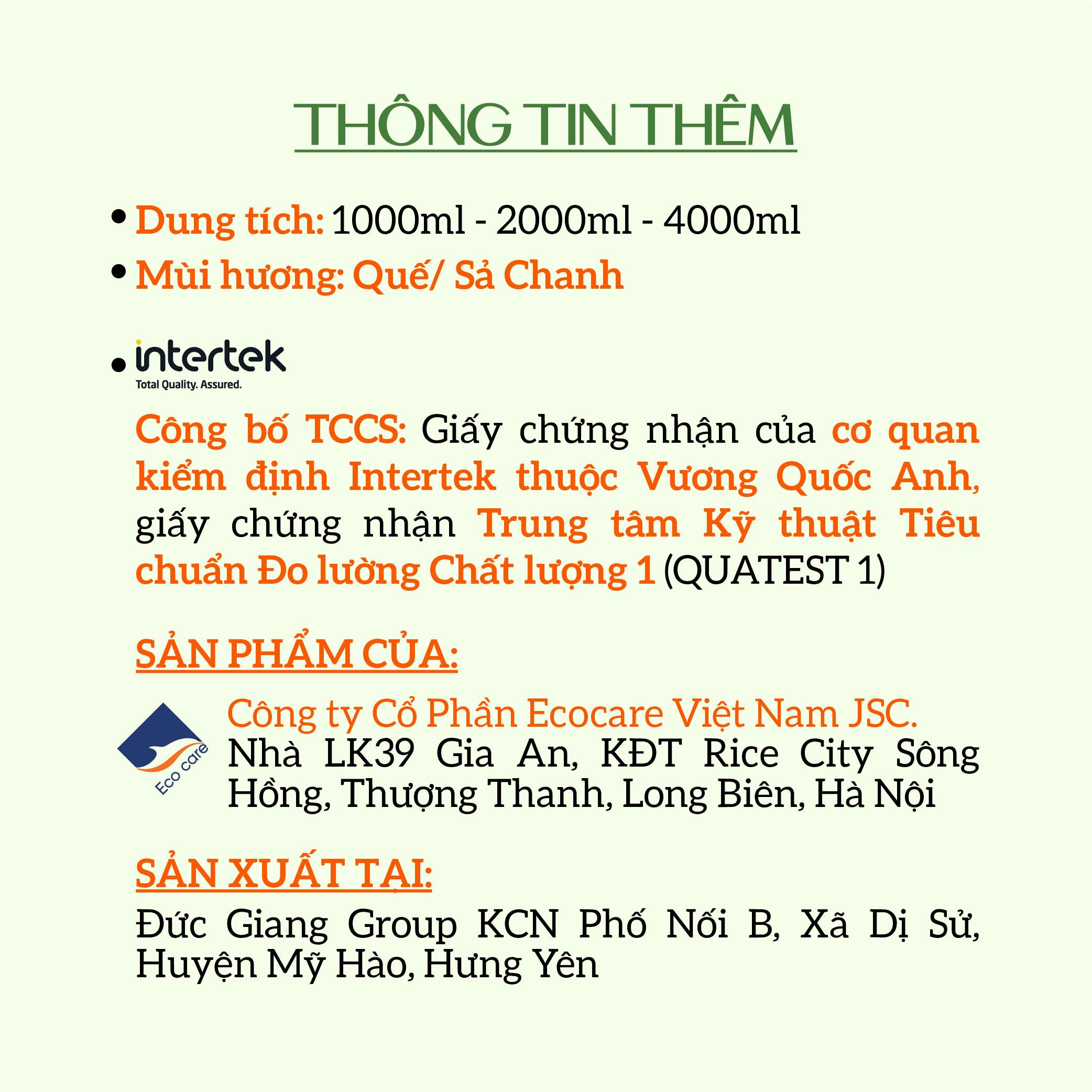 Nước lau sàn Hữu cơ đuổi muỗi tinh dầu thiên nhiên thương hiệu Ecocare