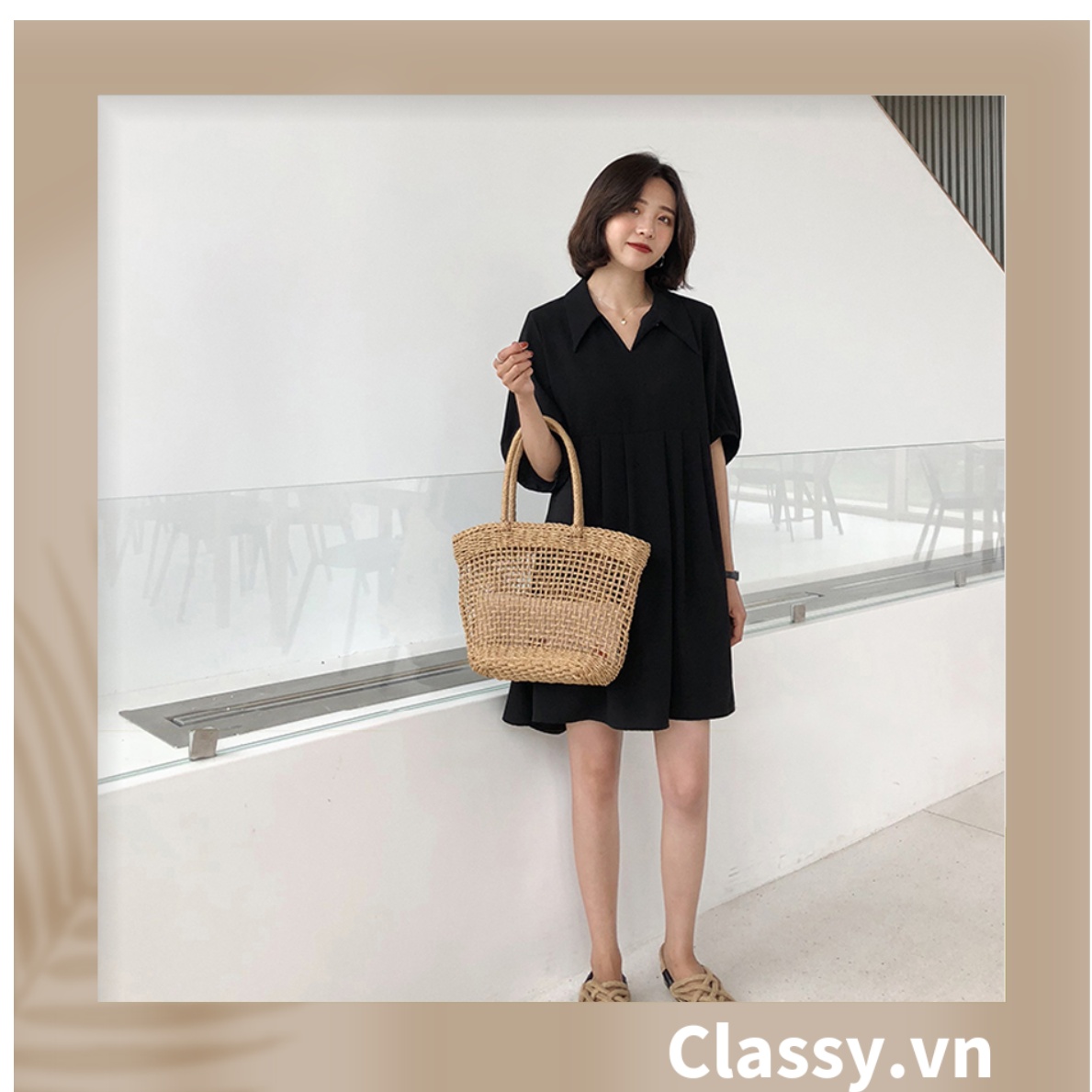 Túi cói Classy hình thang thời trang, thích hợp đi biển, đi dạo, đi chơi T1073