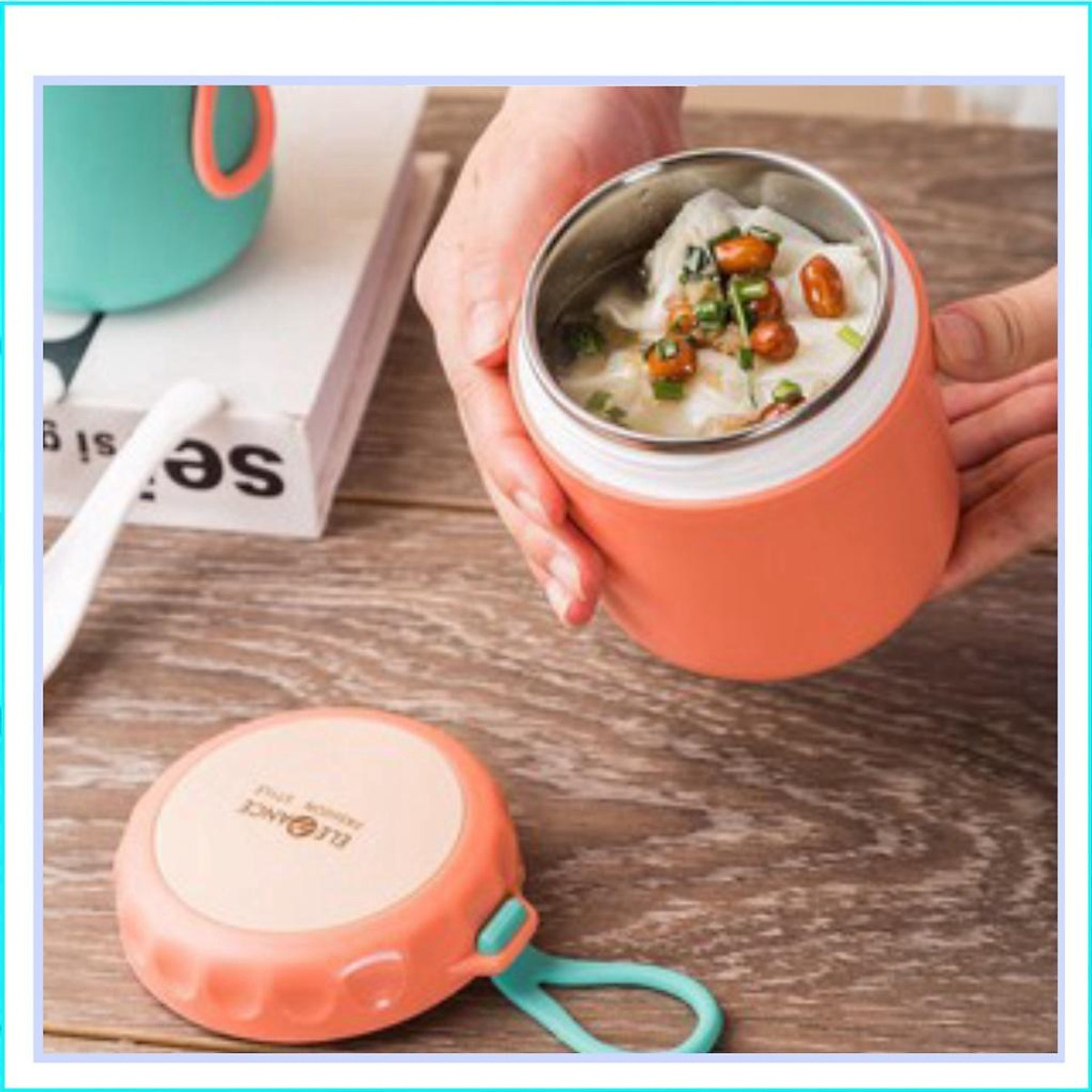BÌNH GIỮ NHIỆT KIÊM CA Ủ CHÁO MIỆNG TO DỄ DÀNG LẤY ĐỒ ĂN HOẶC VỆ SINH SAU KHI DÙNG, DUNG TÍCH 430ML CÓ KÈM THÌA NHỰA CAO CẤP