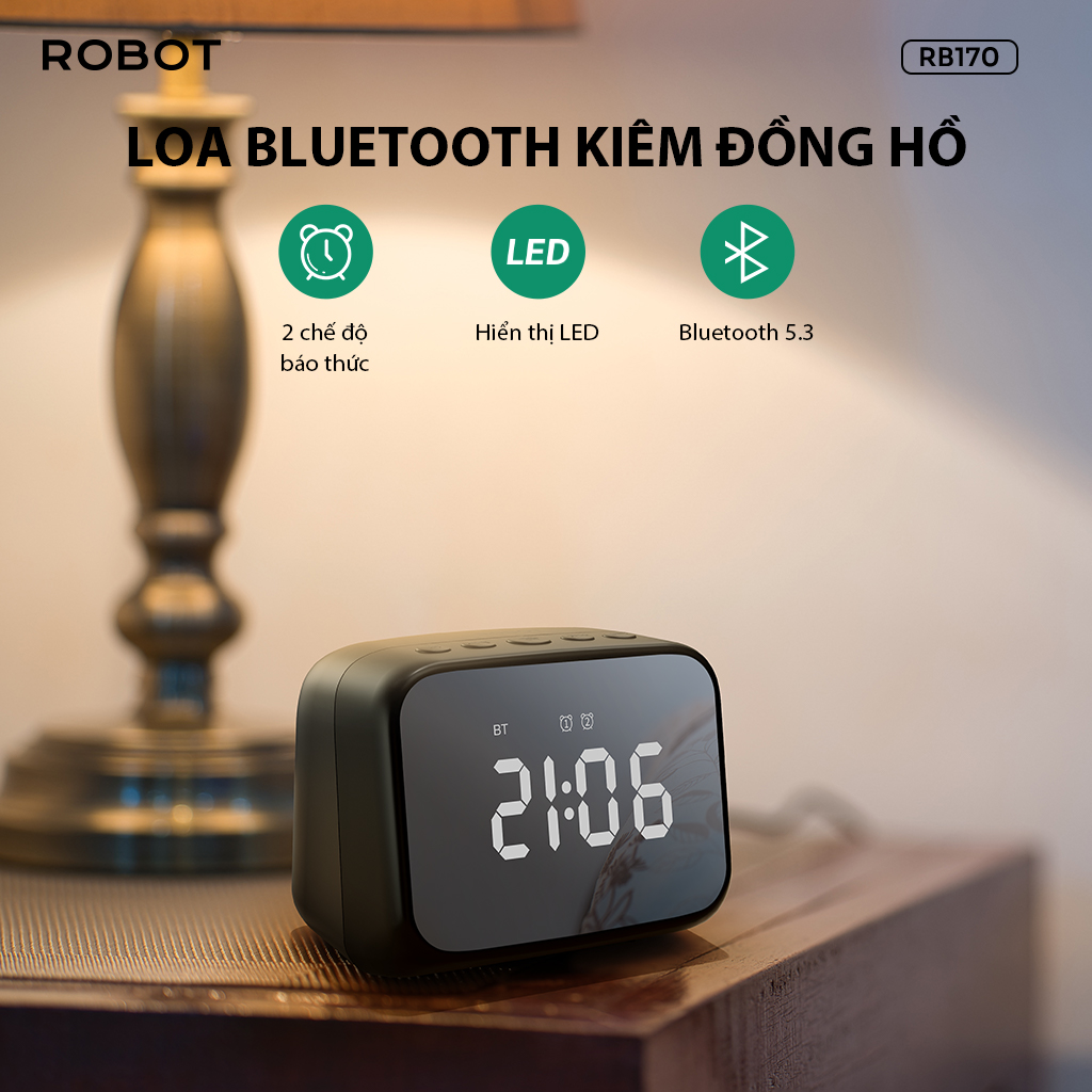 Loa Bluetooth ROBOT RB170 Kết nối phát nhạc Bluetooth và TF Card Báo thức 2 chế độ Công suất 5W Màn hình hiển thị đồng hồ Bluetooth 5.3 - HÀNG CHÍNH HÃNG