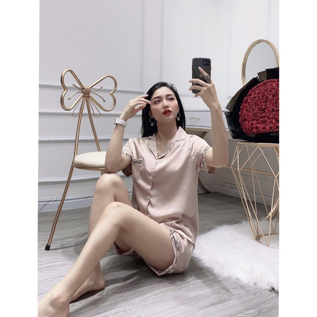 Freeship Bộ ngủ lụa satin Pijama phối chữ VNXK