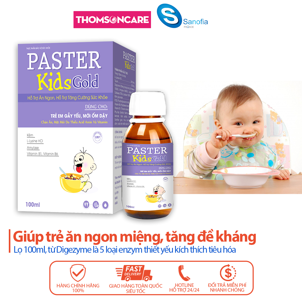 Siro ăn ngon Paster Kids Gold Sanofia - Hỗ trợ tăng sức đề kháng, ăn ngon miệng, giảm rối loạn tiêu hóa cho bé - Chai 100ml Thomsoncare