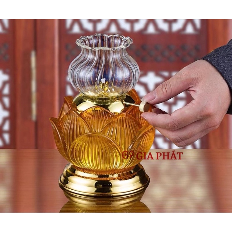 Đèn Thờ Dầu Hoa Sen Thủy Tinh Chân Đồng - Cực Sang Trọng