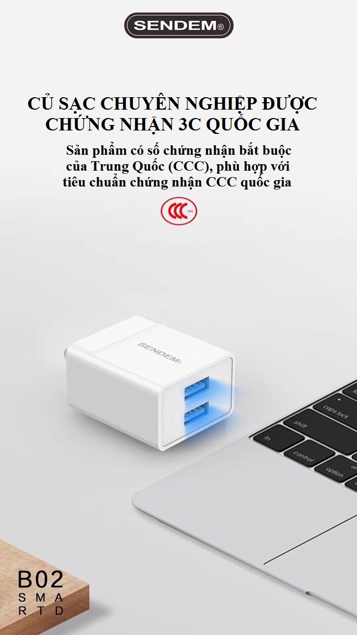 Củ sạc 2 cổng USB SENDEM B02 sạc nhanh - Hàng chính hãng