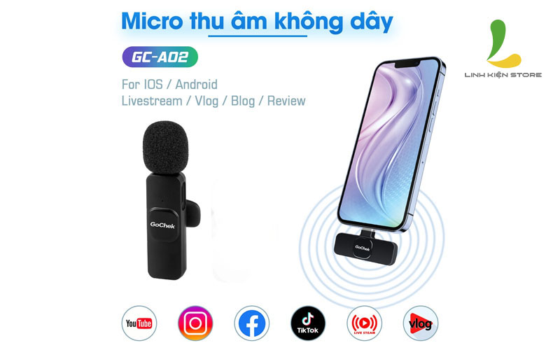 Micro thu âm không dây GoChek A02 - Thiết bị ghi âm kẹp ve áo cổng cắm Lightningg chuyên dụng cho IPHONEE/ IOSS/ IPADD - Hàng chính hãng