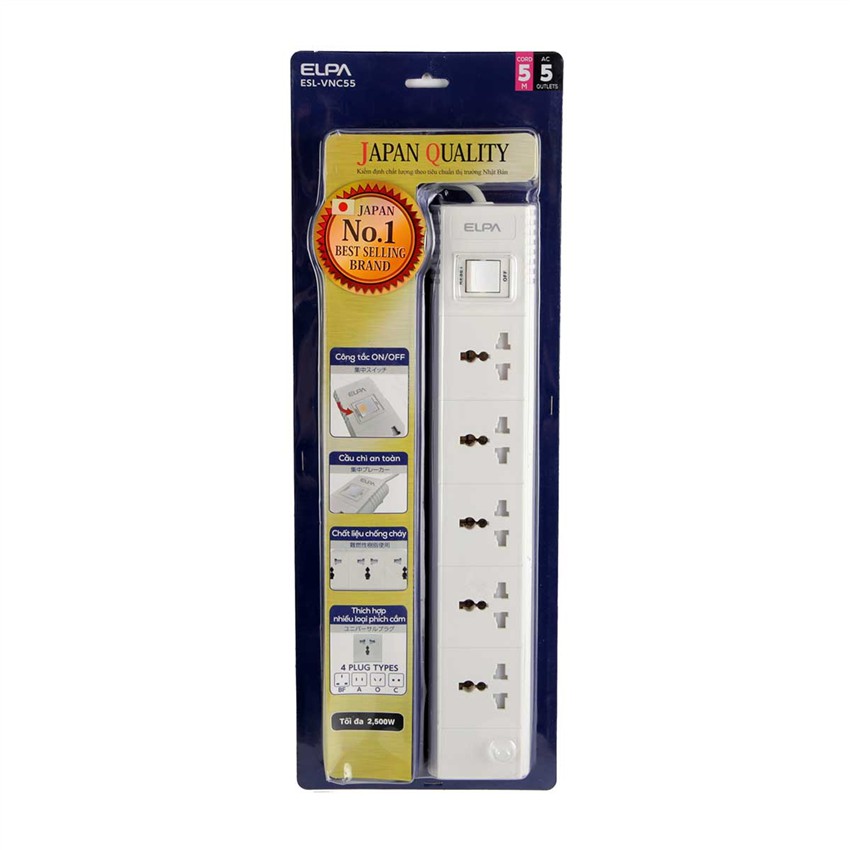 Ổ cắm 5 ổ điện; 1 công tắc; 3m; 2xUSB ELPA ESU-VNC53 - HÀNG CHÍNH HÃNG