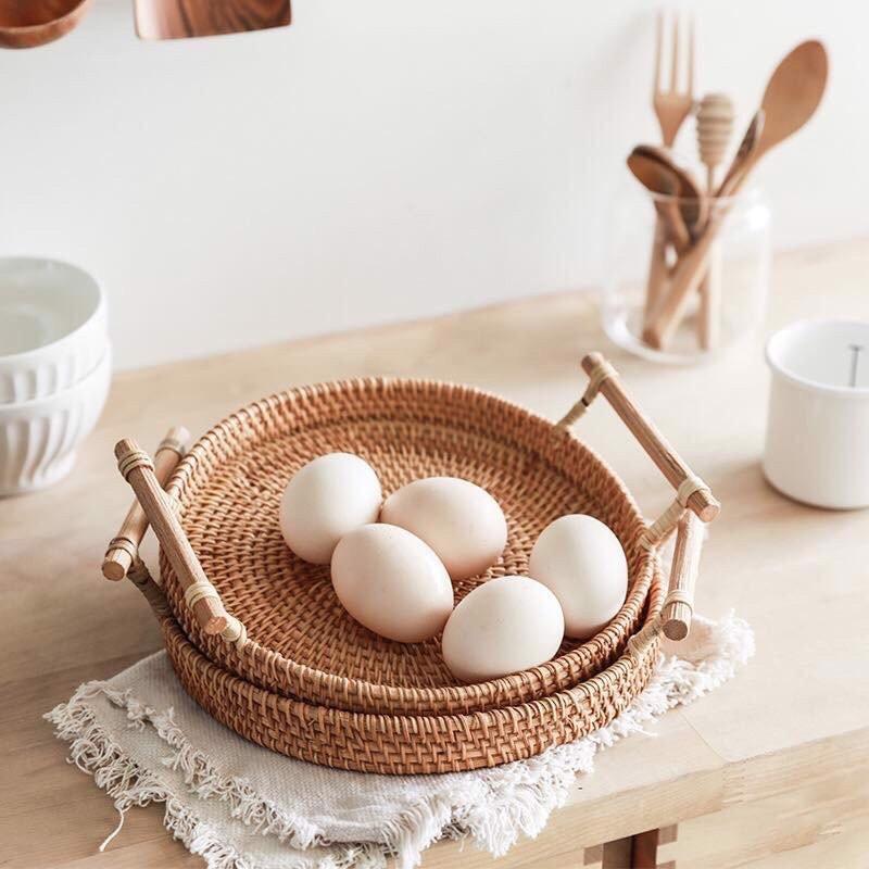Khay mây guột tròn có tay cầm, khay mây đựng đồ ăn tiện lợi, khay decor siêu hot, khay mây chuyên dụng | Cappiano Home