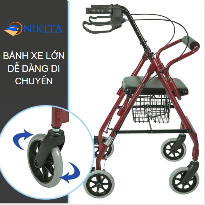 Xe tập đi bốn bánh cho người già có ghế ngồi, có giỏ đựng đồ, gấp gọn khi không sử dụng, chính hãng Nikita