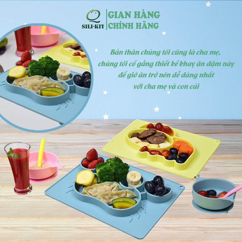 Khay ăn dặm hình con cua chia ngăn, đế hít chân không chống đổ, hỗ trợ bé phát triển kỹ năng ăn độc lập