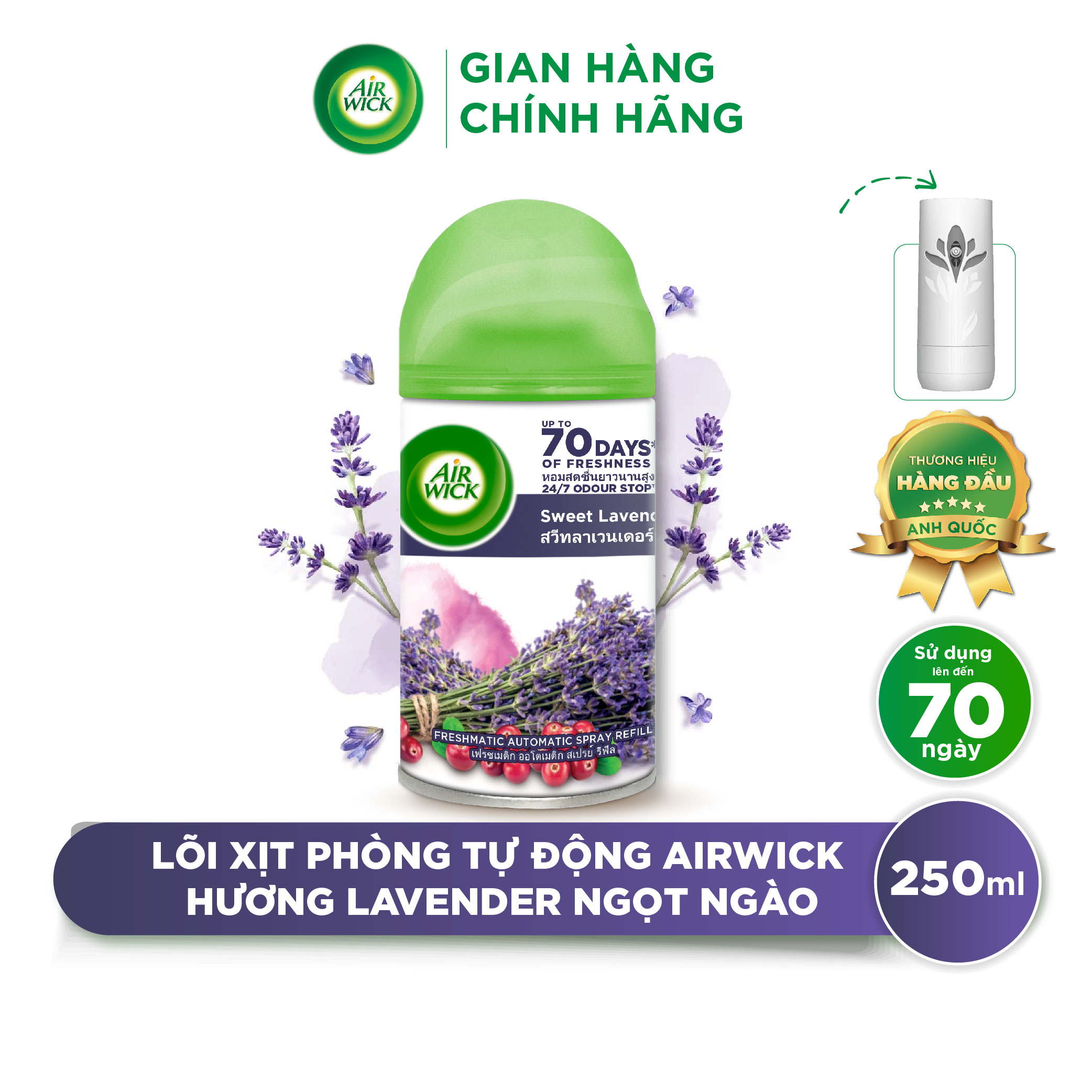 Lõi máy xịt thơm phòng tự động hương Sweet Lavender AIRWICK, hương thơm dịu ngọt, say đắm, lưu hương lâu 250ml