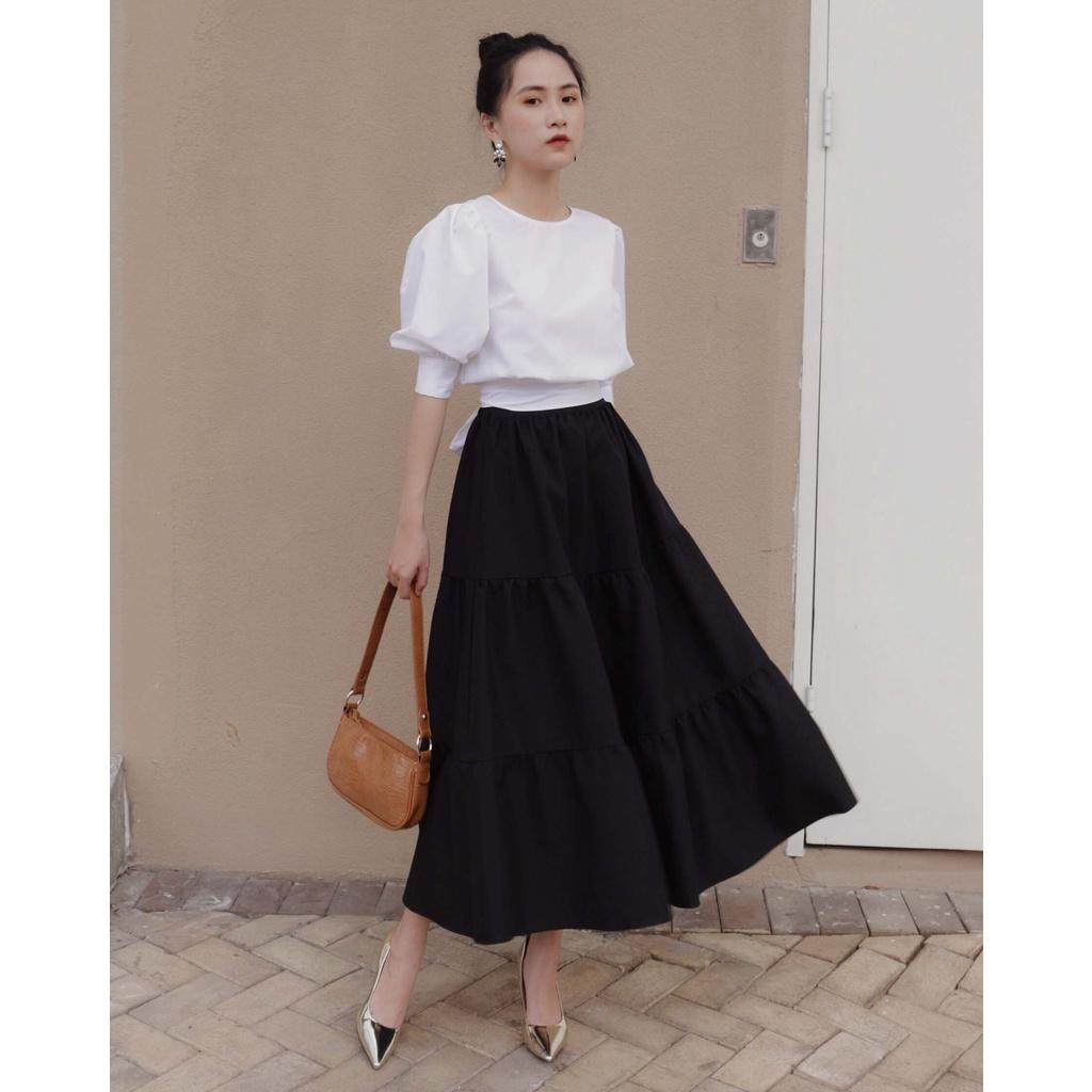 KIOBI – Áo kiểu Lara form suông, cổ tròn, tay phồng bản, eo thắt nơ điều chỉnh sau lưng, vải kate silk trắng - KIA19103T