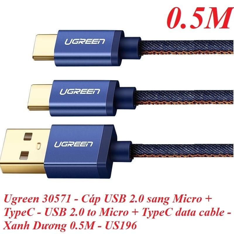 Ugreen UG30571US196TK 0.5m màu xanh Cáp USB-A 2.0 sang Micro USB + USB-C - HÀNG CHÍNH HÃNG