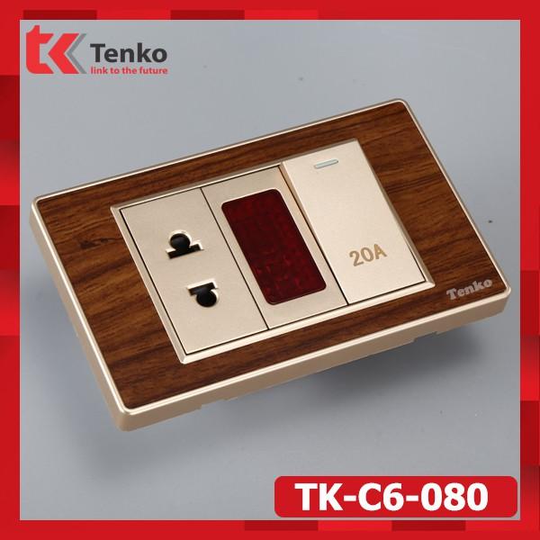 Ổ Cắm-Công Tắc 20A Công Suất Cao Cho Bình Nóng Lạnh - Mặt Vân Gỗ Bo Viền Vàng Thương Hiệu Nhật Tenko TK-C6-080