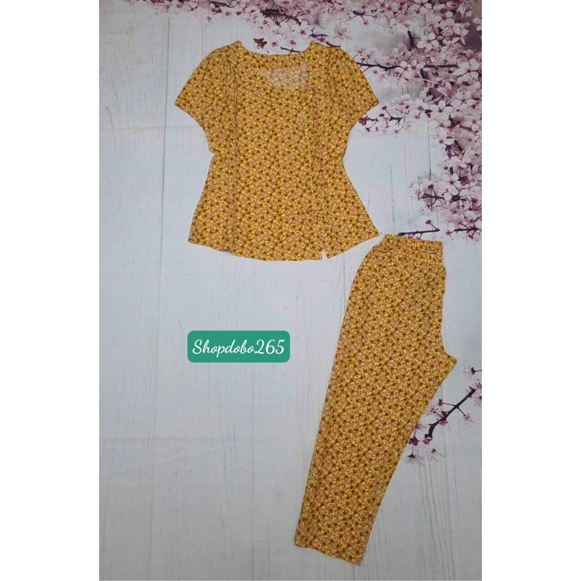Đồ bộ nữ,đồ ngủ mặc nhà lửng 9 tấc vải lụa hoa nhí cổ lệch đính cườm dễ thương.
