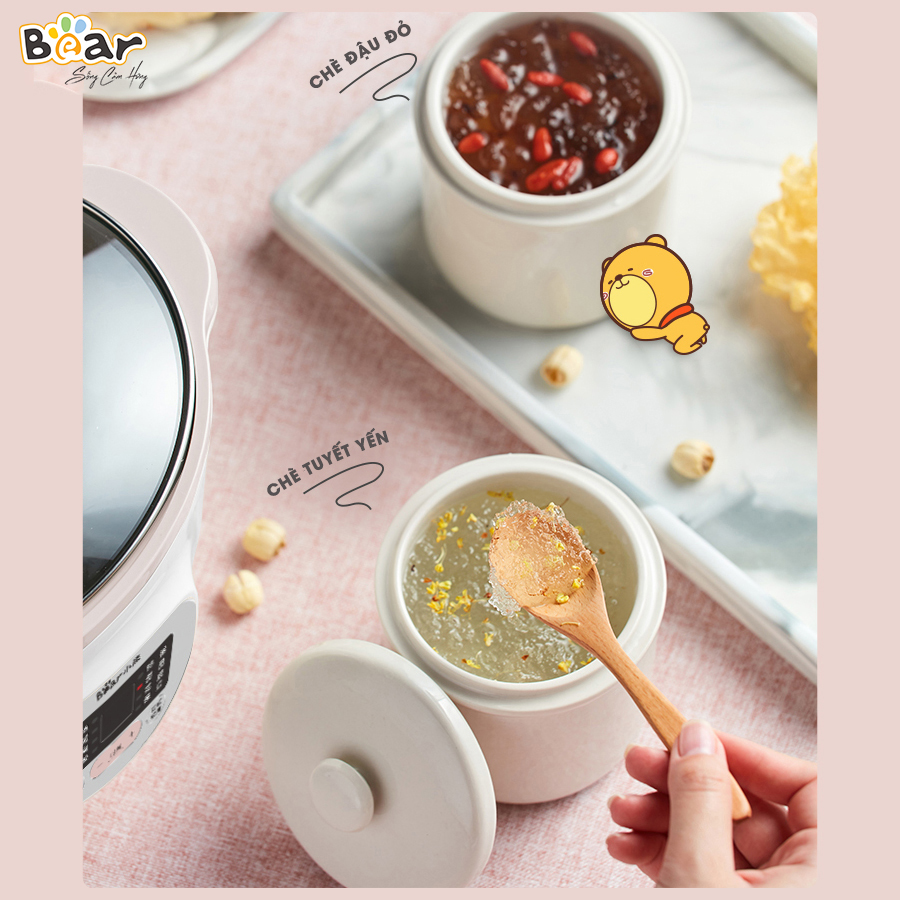 Nồi nấu chậm Bear SUBE002 1,6L màu nâu với 7 chức năng cho các hoạt động: Nấu, hấp, hầm cách thủy, giữ 100% giá trị dinh dưỡng, ... có ruột nồi bằng sứ cao cấp