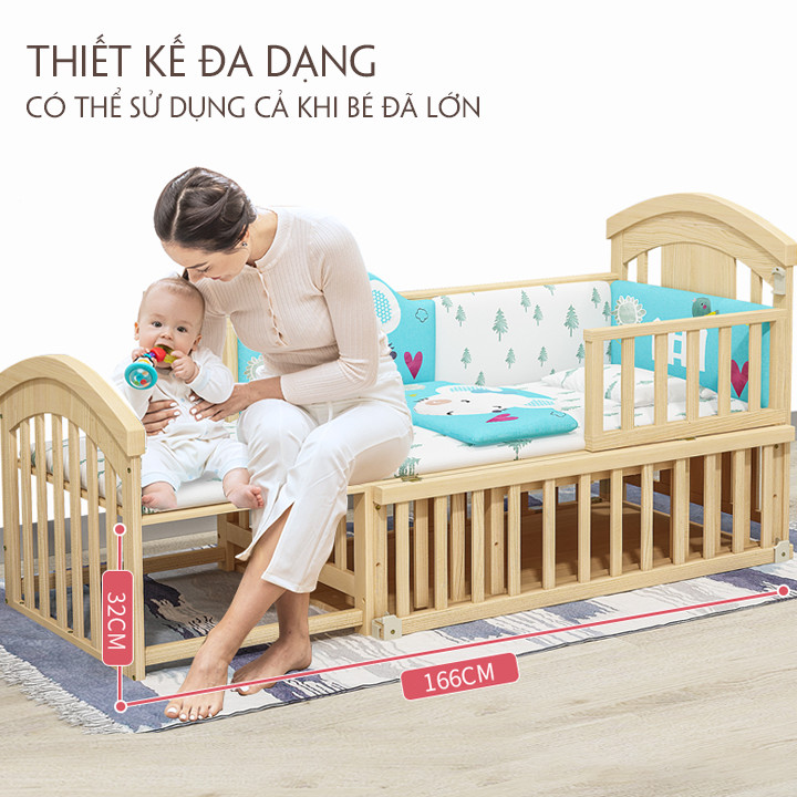 Giường cũi nôi cho bé kích thước 1m2 có thể kéo dài thành giường 1m6