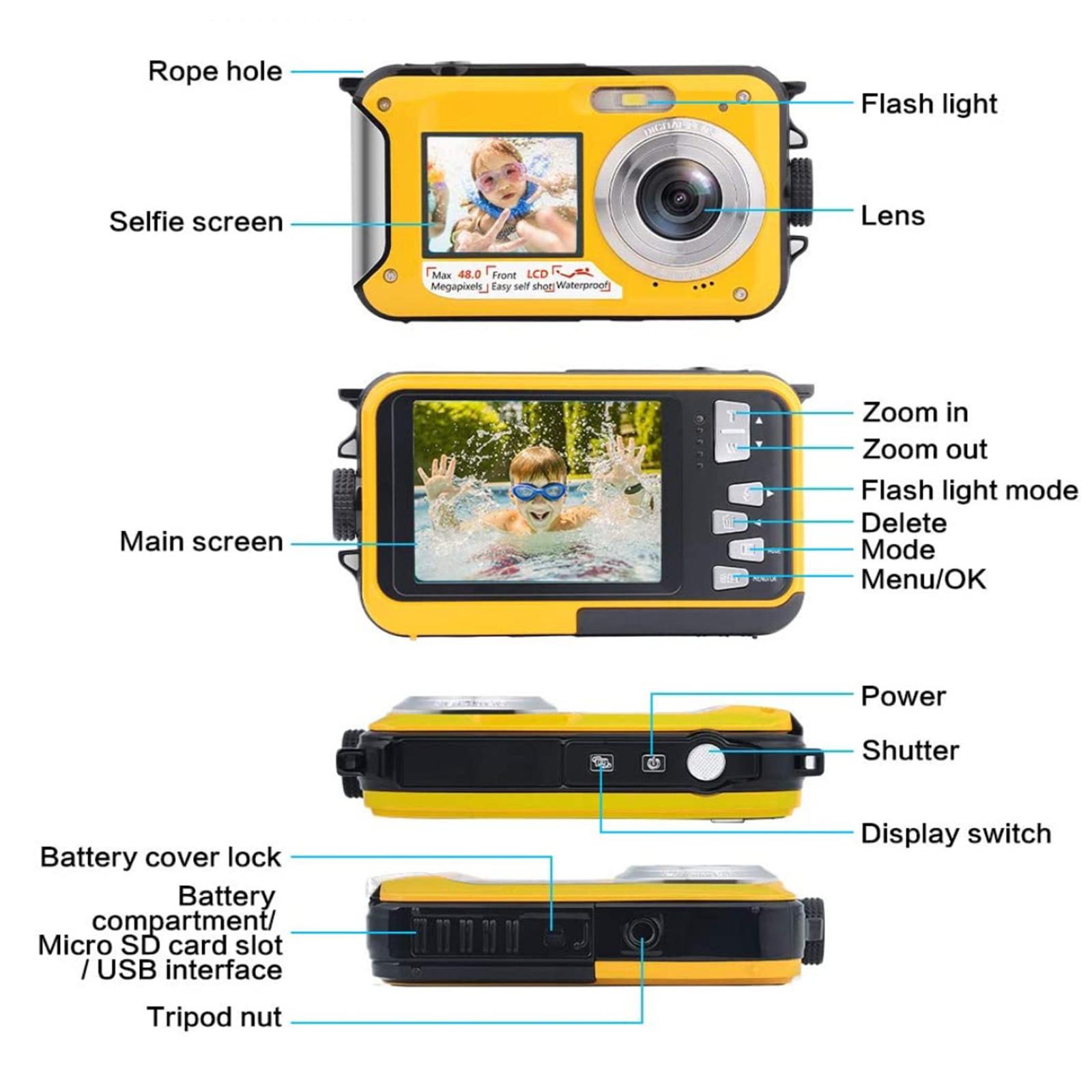 Underwater Camera Dual Screens HD 2.7K 48MP Digital Waterproof Anti-shake Outdoor Video Recorder Camera for Snorkeling Camping
