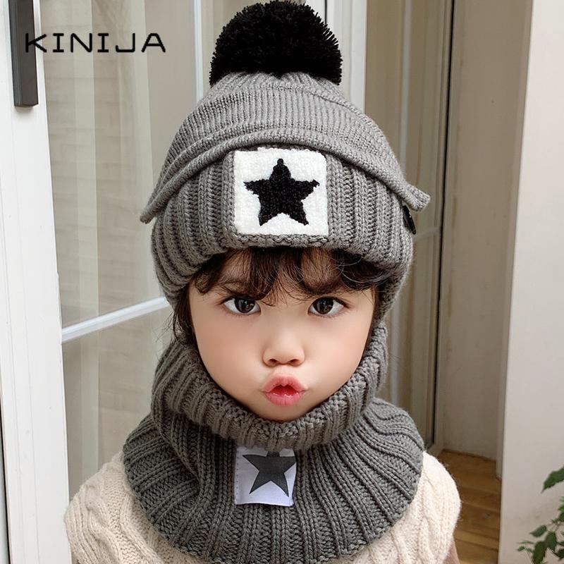 3 Mùa Đông Cho Bé Skullies Bò Mũ Khăn Miệng Mặt Nạ Dệt Kim Trang Trượt Tuyết Ngoài Trời Mũ Pompom Bé Gái Bé Trai Trẻ Em Mặt giữ Ấm Bộ