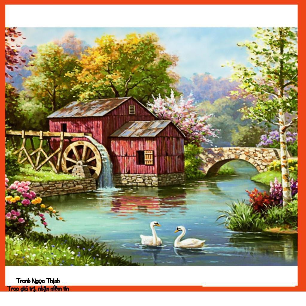 Tranh đính đá cao cấp ngôi nhà mùa xuân DF2834- KT: 75X55Cm