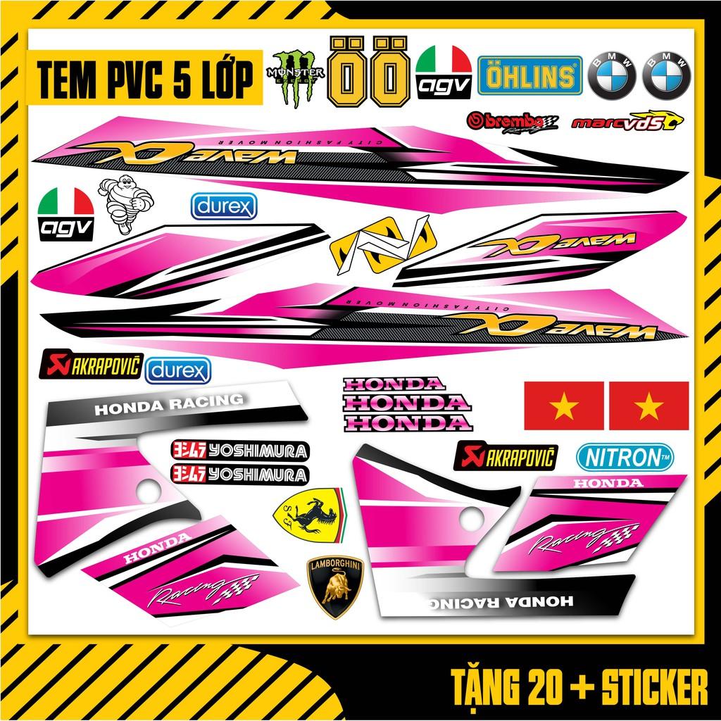 Tem Chế Dán Wave Alpha 110 100 Phong Cách Cacbon Racing Pink| WA03 | Decal Rời Dán Xe Máy Chống Nước - 2006 - 2017