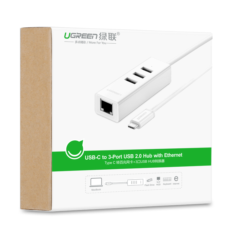 Cáp chuyển đổi USB type C sang đầu mạng Ethernet RJ45 + Hub 3 cổng USB2.0 dài 30cm UGREEN 20792 - Hàng Nhập Khẩu