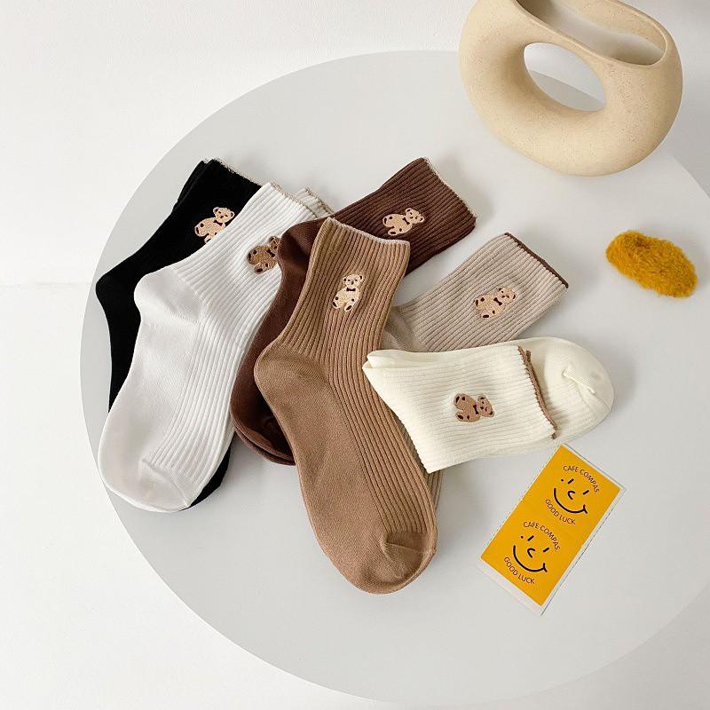 Tất bèo nữ cổ cao, vớ cổ cao vải cotton thêu hình chú Gấu Teddy phong cách thời trang Hàn Quốc - TD68