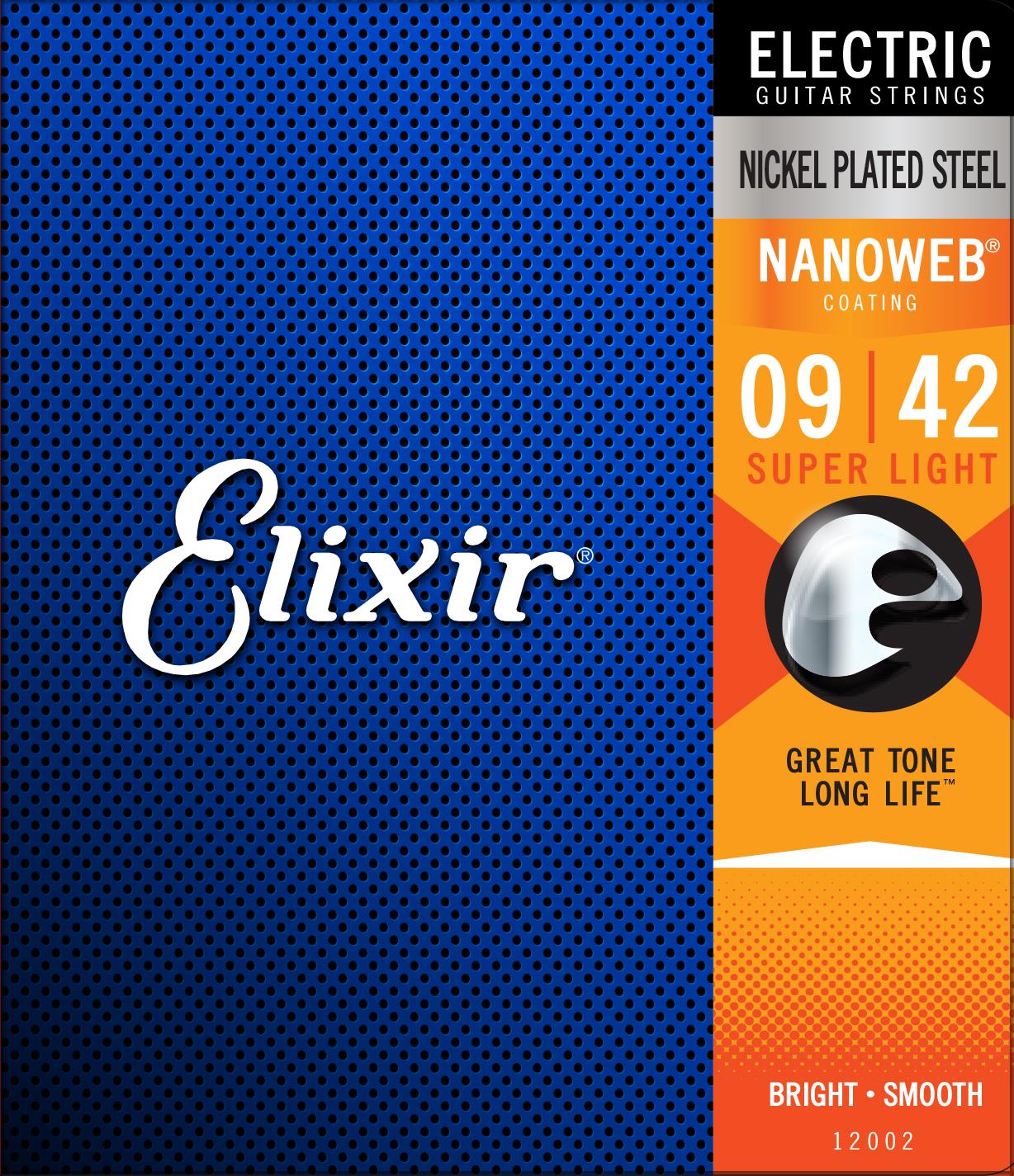 Bộ dây đàn Guitar Điện cao cấp/ Electric Guitar Strings - Elixir 12002, Bright, Smooth - Nickel Plated Steel, Nanoweb Coating, Super Light 09-42 - Hàng chính hãng