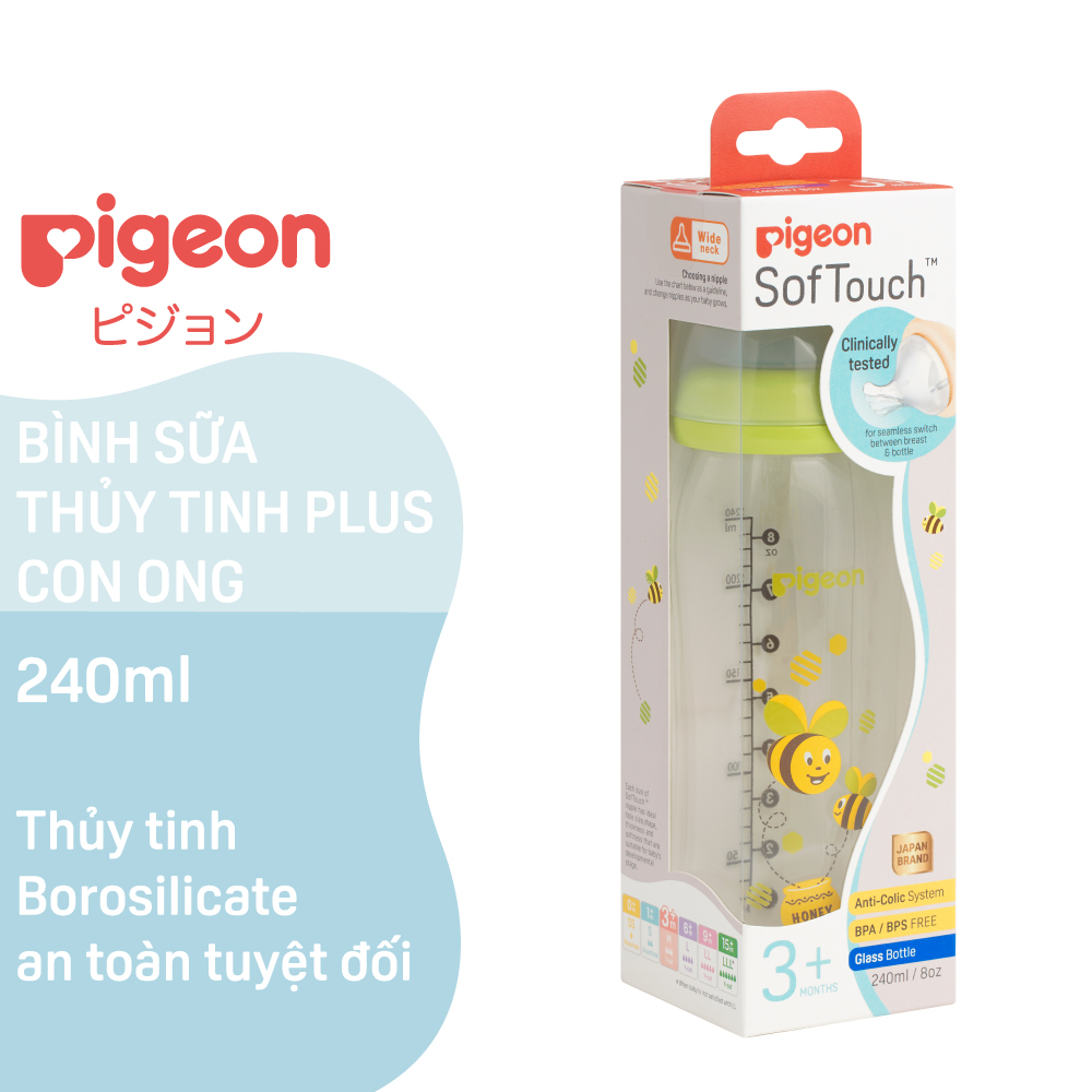 Bình sữa cổ rộng thuỷ tinh Plus Pigeon 240ml