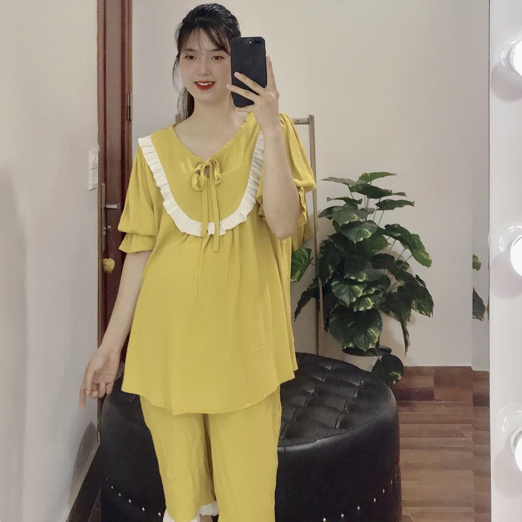 Đồ bộ bầu sau sinh mặc nhà mùa hè thiết kế dáng lửng - Chất liệu: đũi trơn, cotton, V110