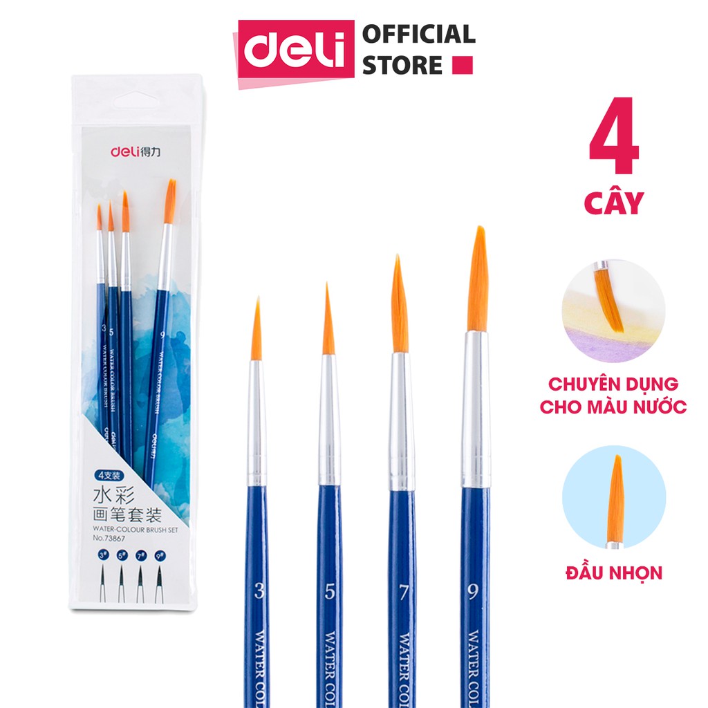 Bộ Cọ Vẽ Chuyên Nghiệp Deli - Dùng Cho Màu Nước/Bột/Sơn Acrylic -Set 4/6 Cây- 73885/73866/73867