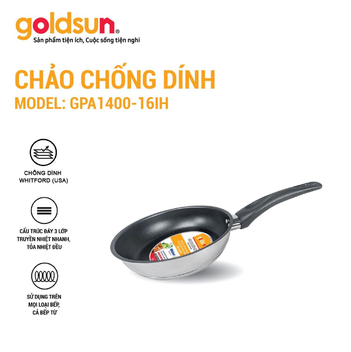 Chảo Inox Đáy Từ 3 Lớp GOLDSUN GPA1400-16IH, Đường Kính Đáy 16 Cm, Công Nghệ Chống Dính Mỹ, Không Kén Bếp - Hàng Chính Hãng