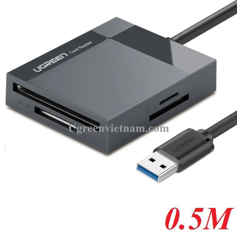 Đầu đọc thẻ USB 3.0 hỗ trợ thẻ TF/SD/CF/MS 0.5M Màu Xám Ugreen 30333 CR125 Hàng Chính Hãng