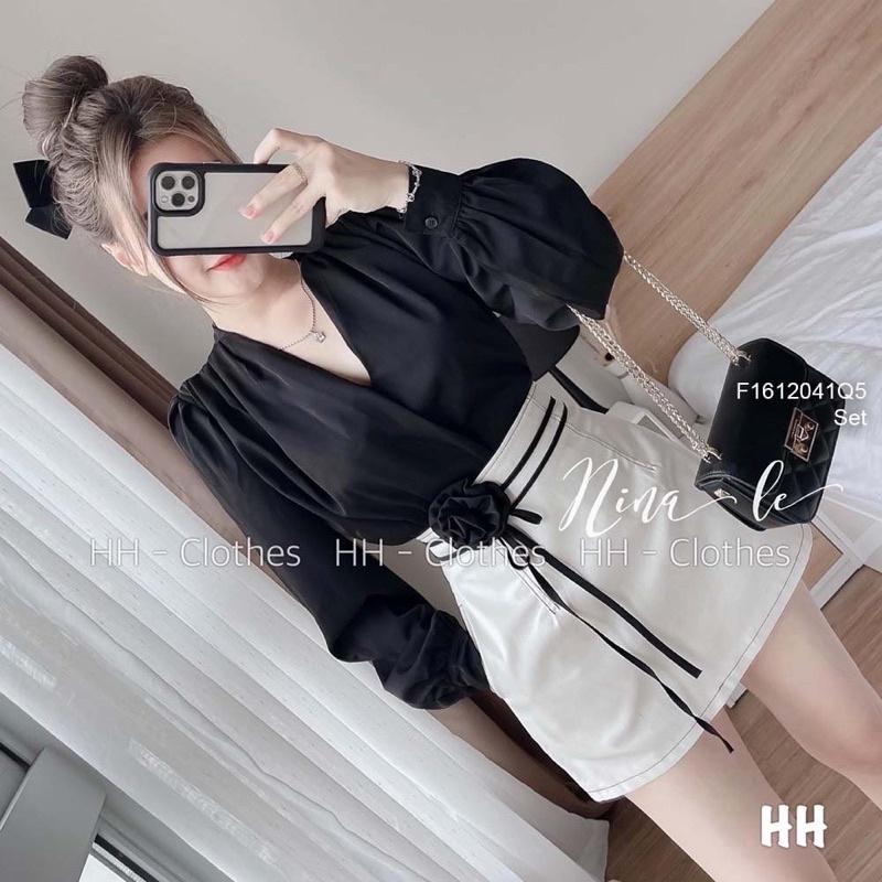 Sét bộ áo cổ tim nữ tay dài phối chân váy ngắn có lót quần tinh tế duyên dáng việt