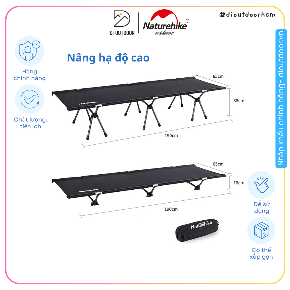 Giường Xếp Dã Ngoại Điều Chỉnh Độ Cao Naturehike Nh20Jj009 Và Nh20Jj001 - Màu Đen