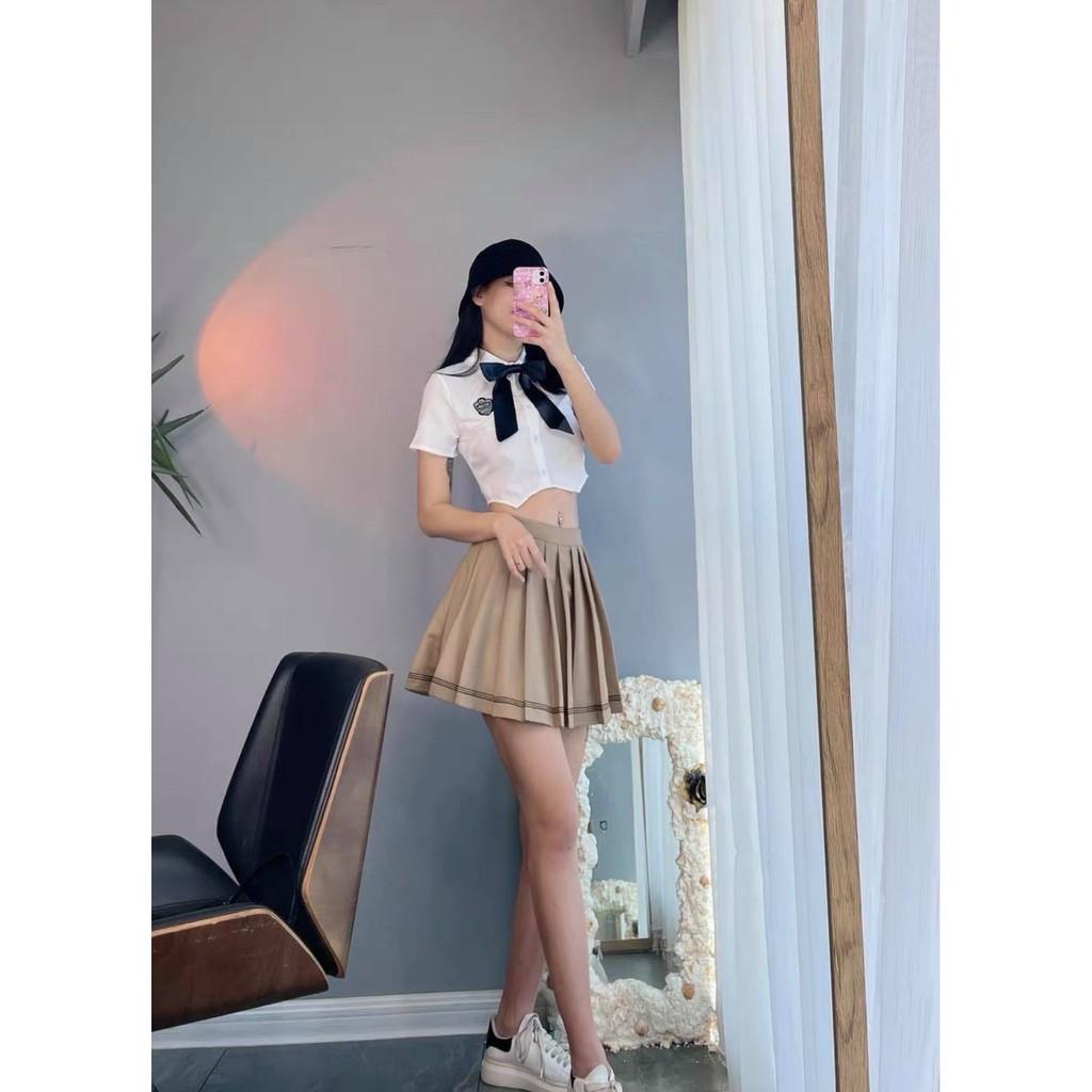 Set Áo Sơ Mi Kèm Nơ Xinh Xắn Và Chân Váy Xếp Ly Cho Nữ