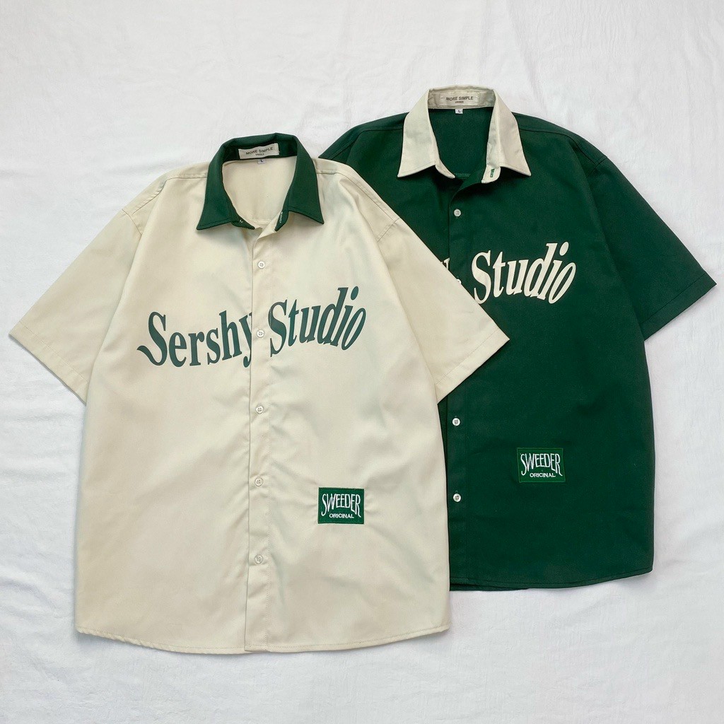 Áo khoác sơ mi kaki quốc dân CỔ BẺ logo in Sershy Studio có 2 màu xanh đen form rộng, form đẹp, áo flanl