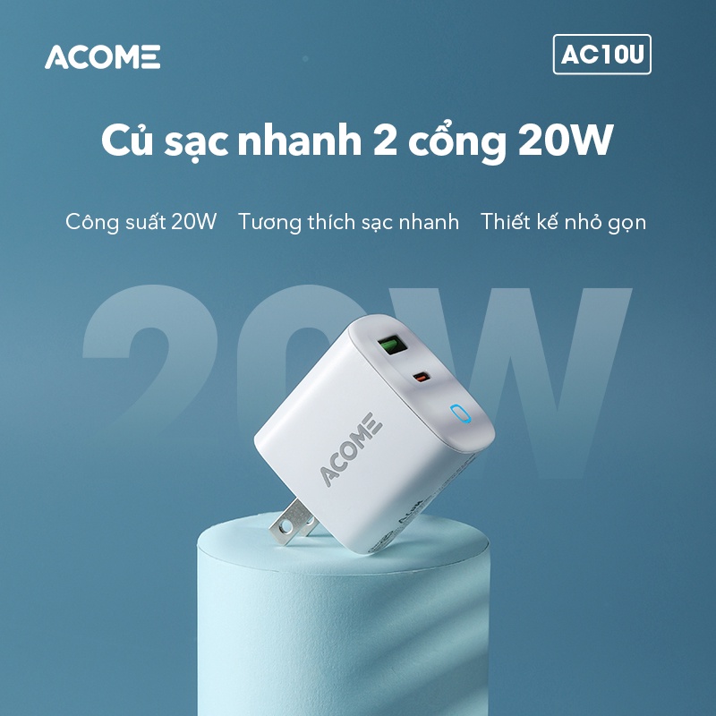 Cốc Sạc Củ Sạc Nhanh 20W ACOME AC10U 2 Cổng Type-C Hỗ Trợ Sạc Nhanh - Hàng Chính Hãng