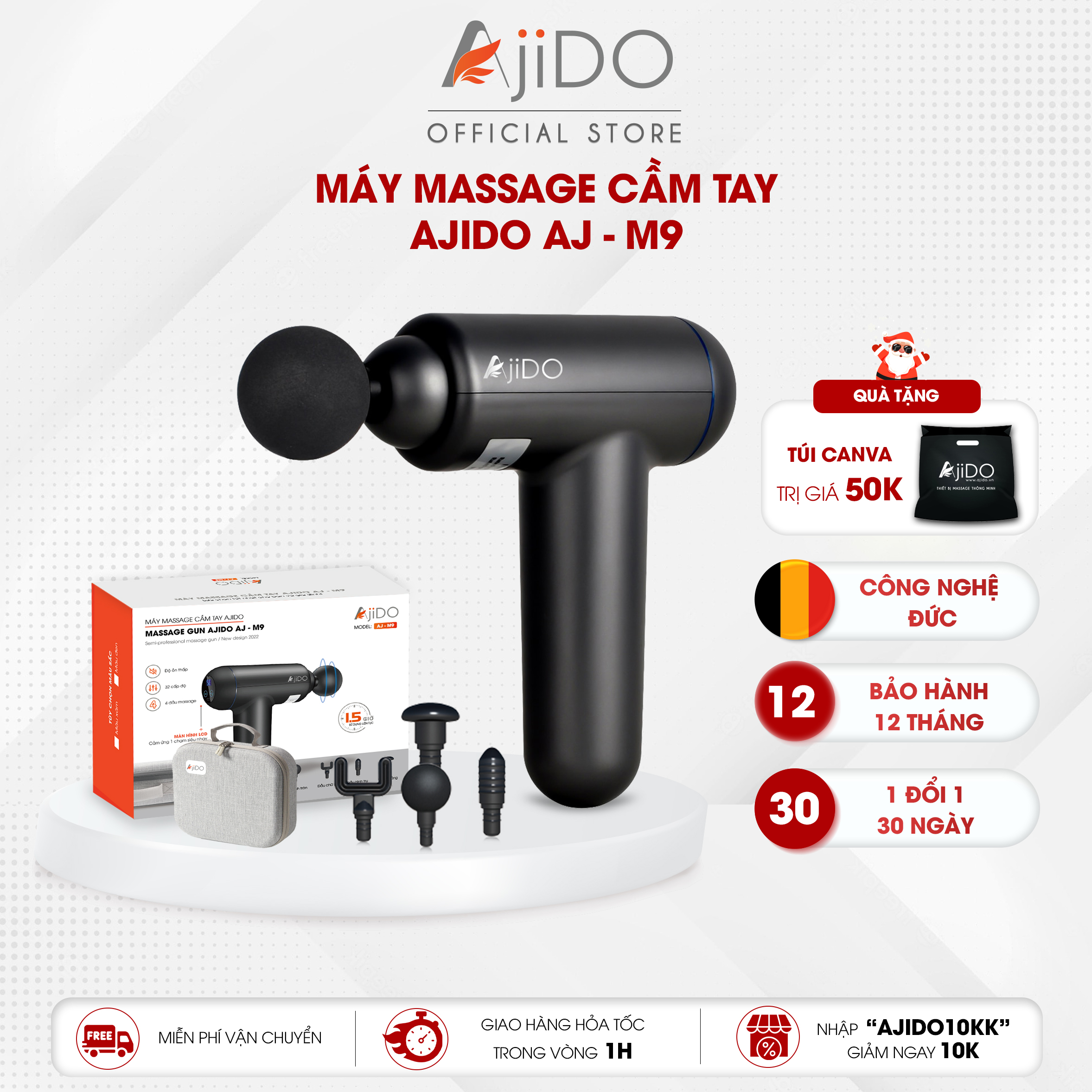 Máy Massage Cầm Tay AJIDO AJ - M9, 32 Cấp Độ, 4 Đầu Thay Thế - Mát Xa Toàn Thân Giãn Cơ, Đấm Lưng, Cổ Vai Gáy