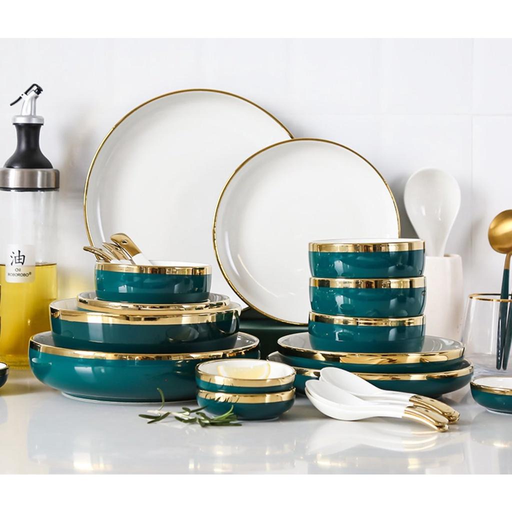 Bộ Bát 26 món màu xanh cổ vịt trong lòng trắng viền vàng cao cấp