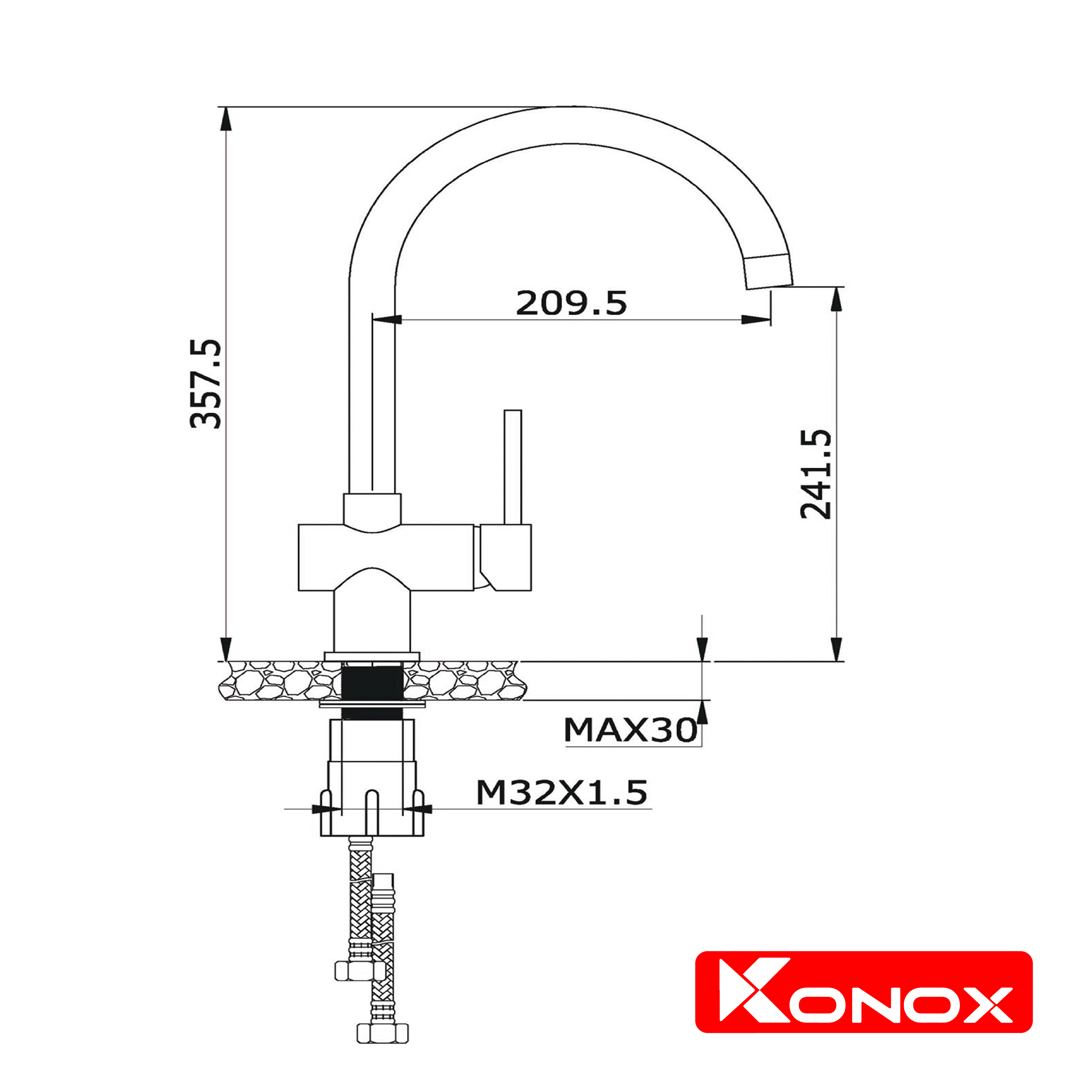 Vòi rửa bát Konox, Model KN1206 , Inox 304AISI tiêu chuẩn châu Âu, mạ PVD 5 lớp sáng bóng, Hàng chính hãng