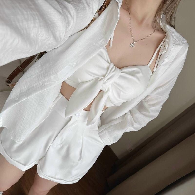 SET PHỐI 3 MÓN GỒM ÁO CROPTOP CỘT NƠ, ÁO KHOÁC NGOÀI KÈM QUẦN ĐÙI SIÊU XINH CHO NÀNG ĐI BIỂN DU LICH