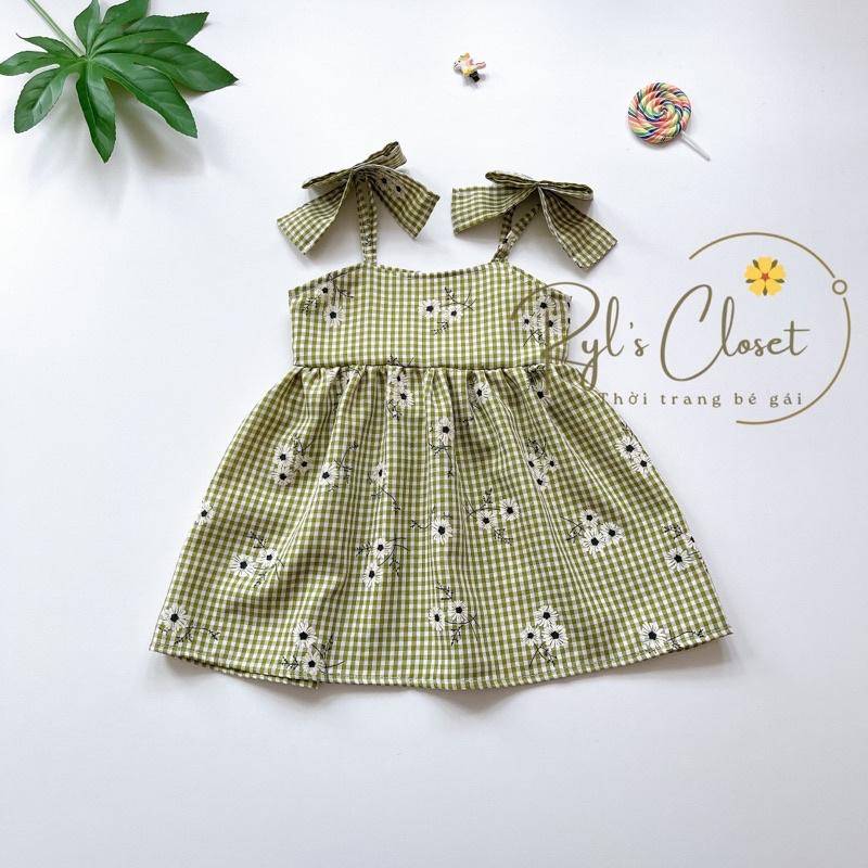 Váy 2 Dây Nơ Caro Hoa Bé Gái 4 Đến 28kg, Đầm Bé Gái Chất Thô Nhật Mềm Mướt