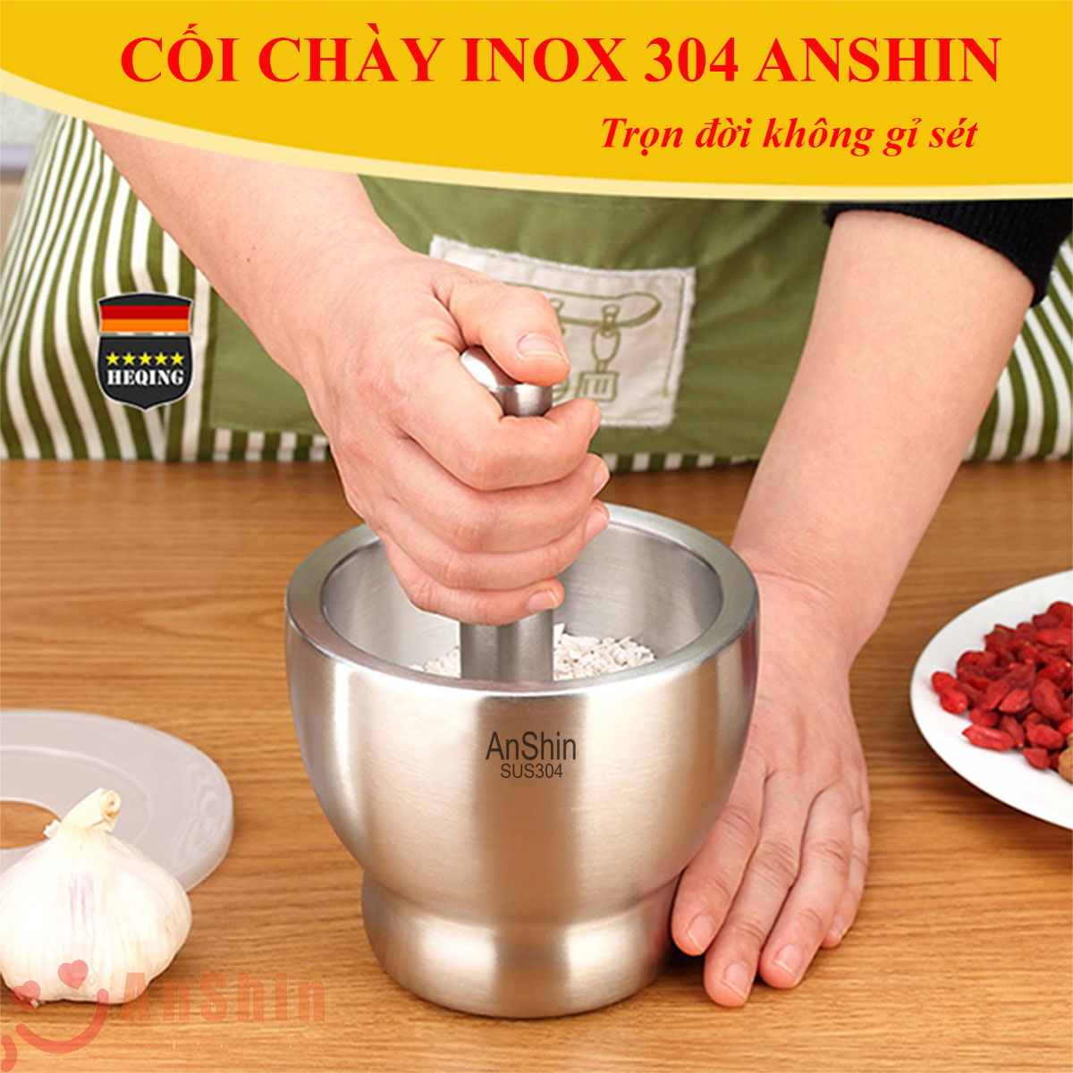 Cối chày Inox 304 Anshin - dáng ly đường kính 13, 15cm