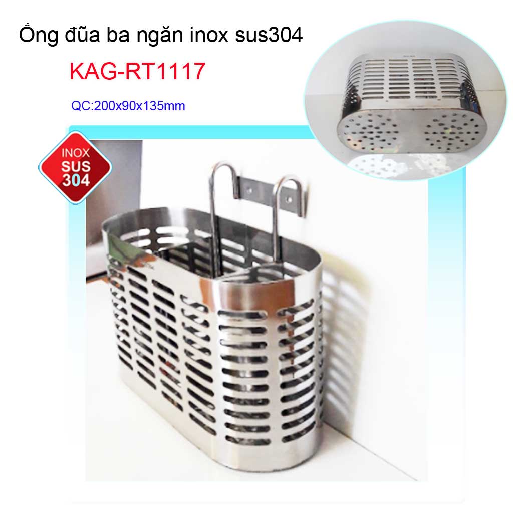 Ống  đựng đũa Inox 304, ống đũa nhà bếp 3 ngăn, ống đũa cao cấp nam dẹt KAG-304RT1117 inox bóng sang trọng